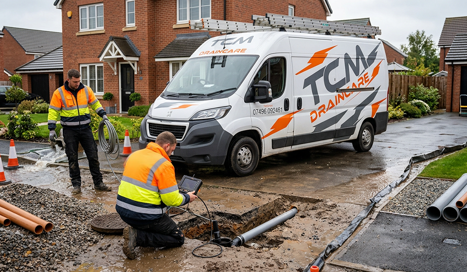 Contractors carrying out drainage installation outside a residential property